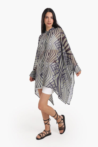 Chiffon Printed Shirt Poncho – Multicolor