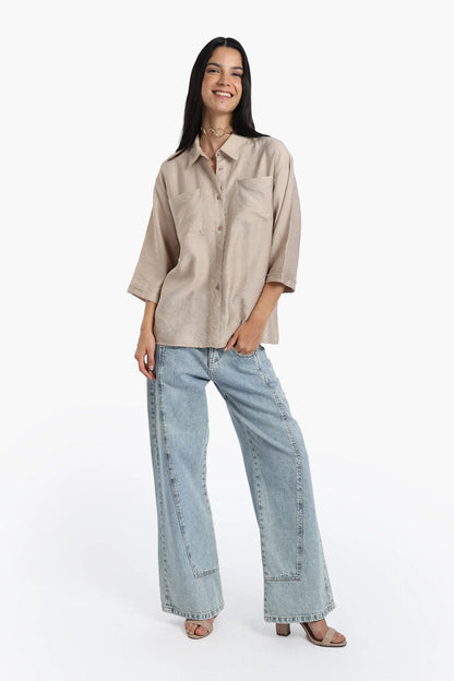 Polyester Solid Chest Pocket Shirt - Beige