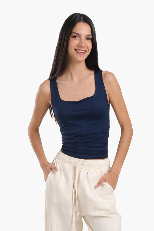 Polyamide Solid Square Neck Tank Top – Navy