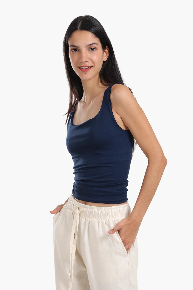 Polyamide Solid Square Neck Tank Top – Navy