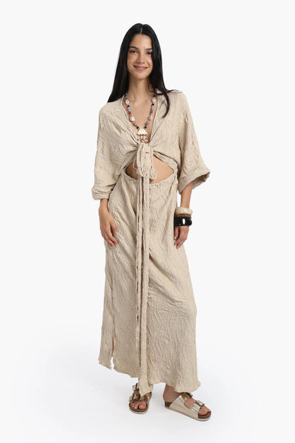 Polyester Self Pattern Beach Dress - Beige
