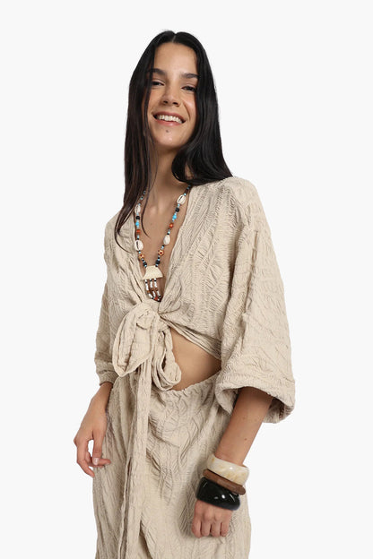 Polyester Self Pattern Beach Dress - Beige