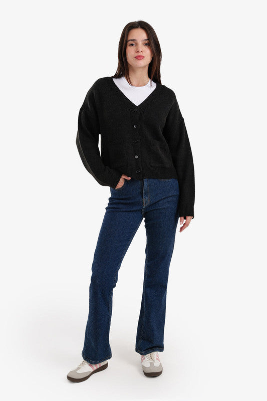 Knit Plain Button-Down Cardigan – Black