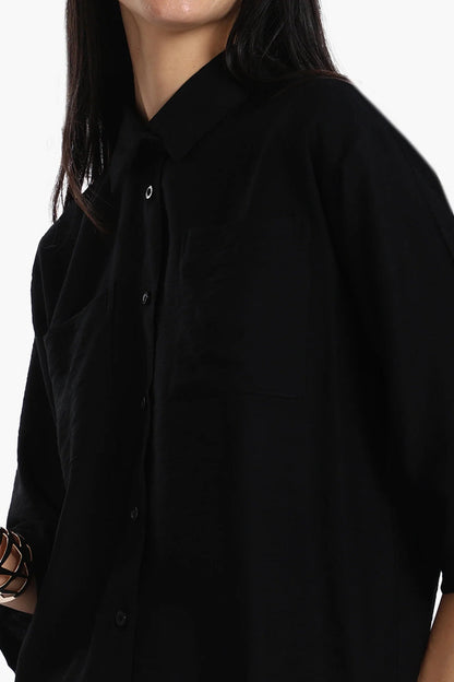 Polyester Solid Shirt with Chest Pockets - Black