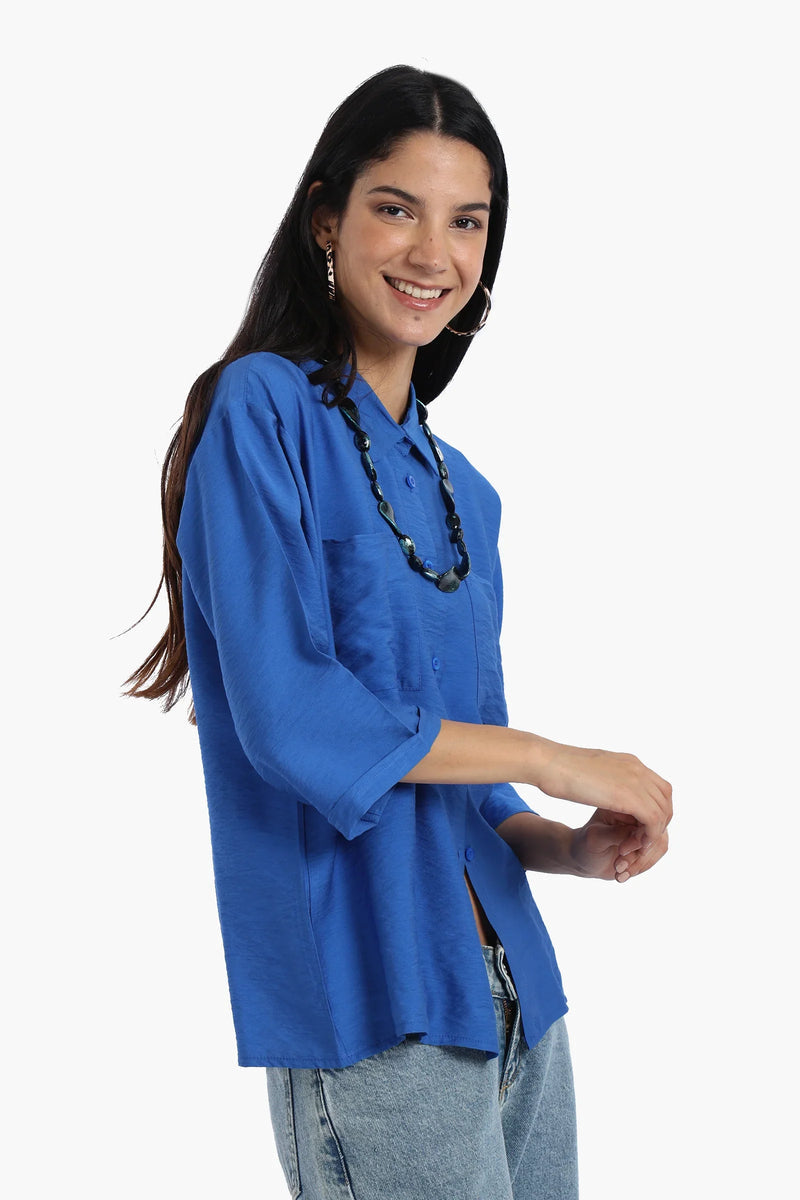 Polyester Solid Chest Pocket Shirt - Blue