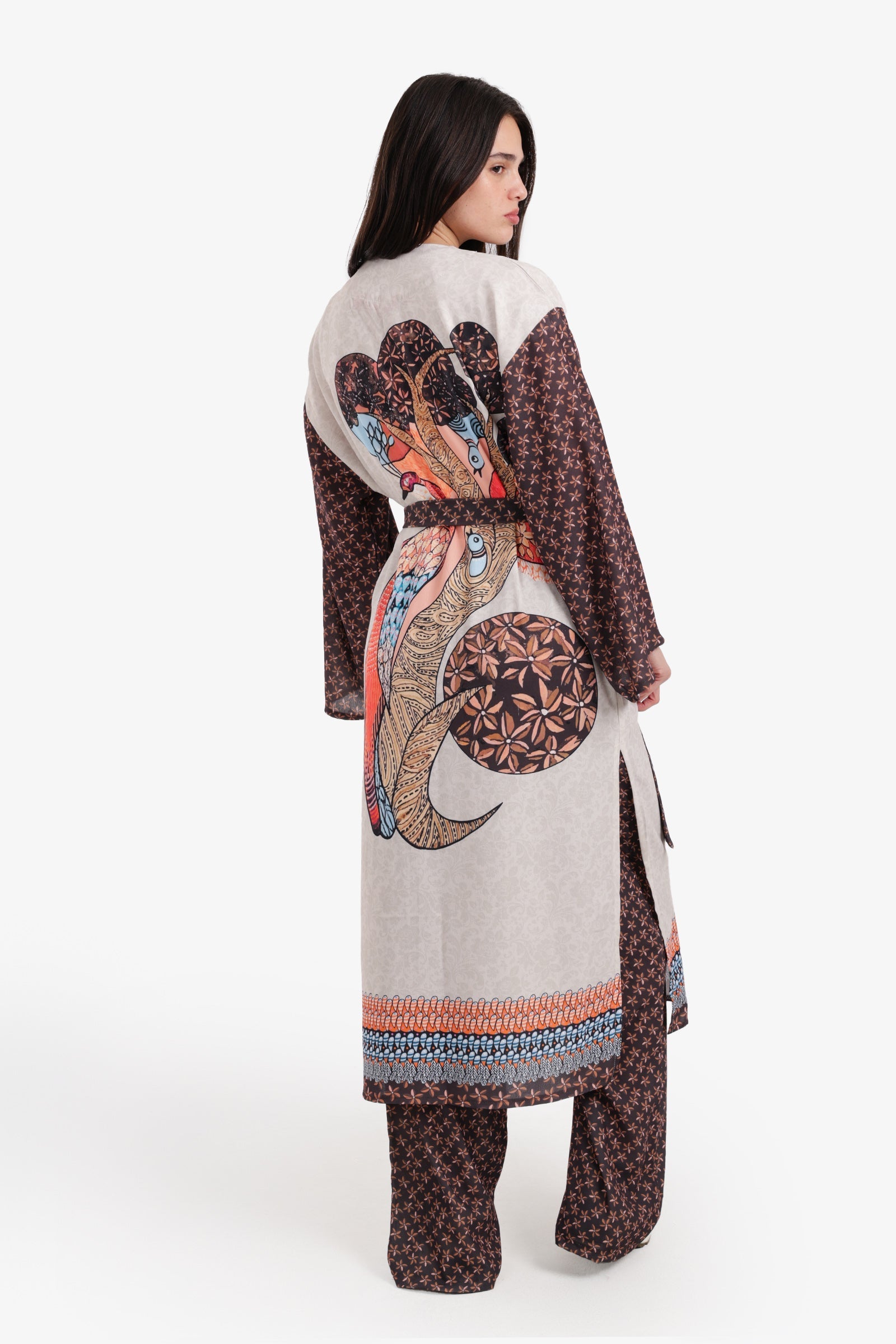 Printed Tie-Waist Midi Kimono – Multicolor