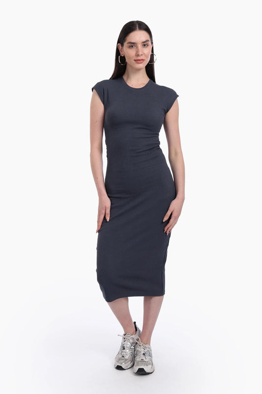 Cotton Ribbed Slim Fit Dress – Grey