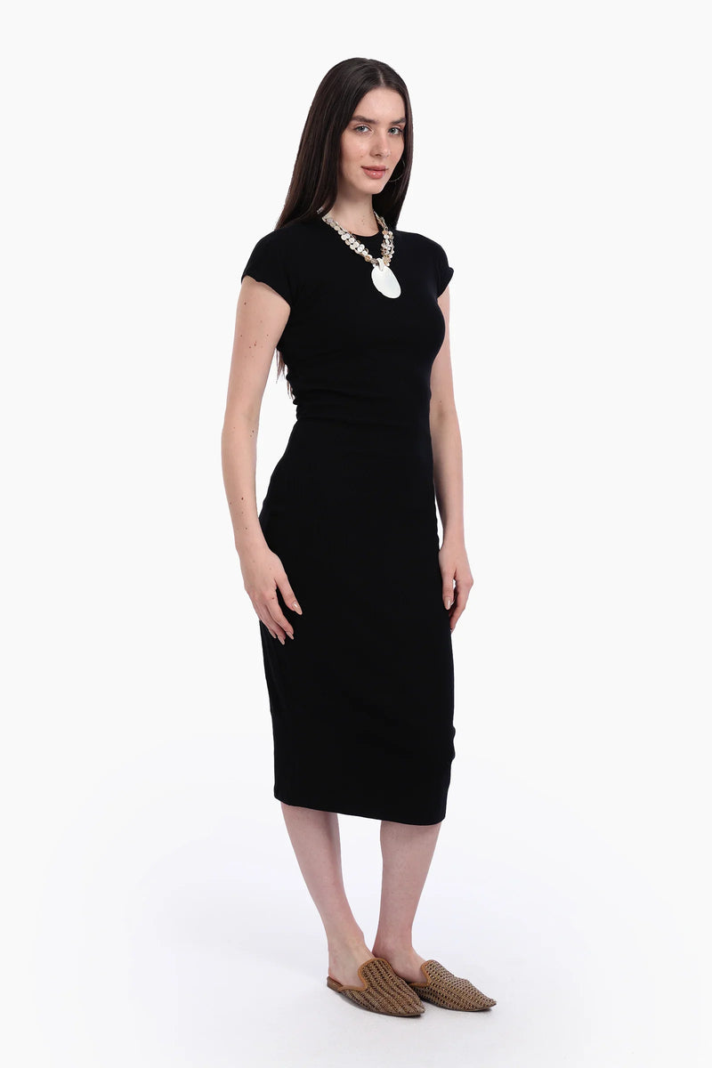 Cotton Ribbed Slim Fit Dress – Black