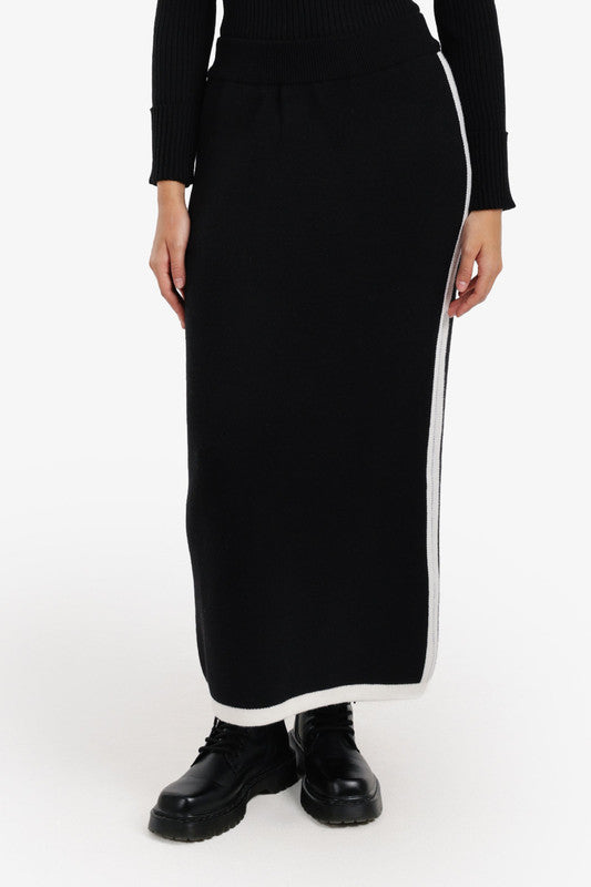 Contrast Stripe Elasticated Waist Pencil Skirt - Black