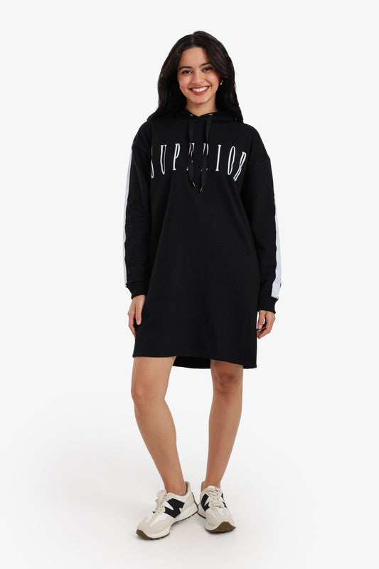 Printed Hooded Sweatshirt Dress – Black