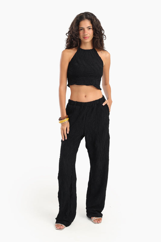 Polyester Ribbed Halter Neck Beach Set - Black