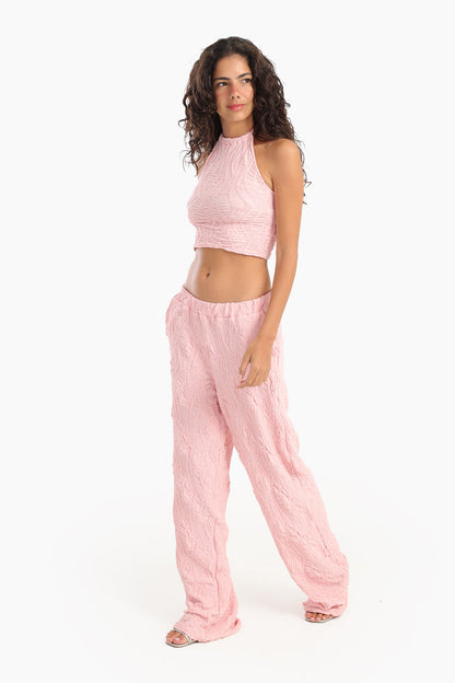 Polyester Ribbed Halter Neck Beach Set - Pink