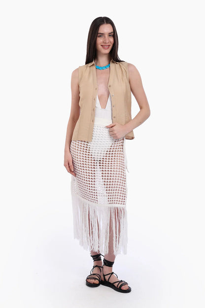 Voile Solid Collared Sleeveless Shirt – Beige