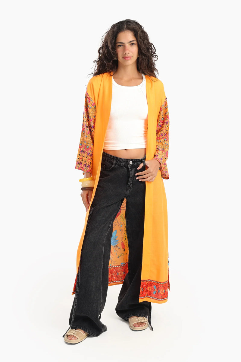 Viscose Printed Open-Front Kimono – Mustard