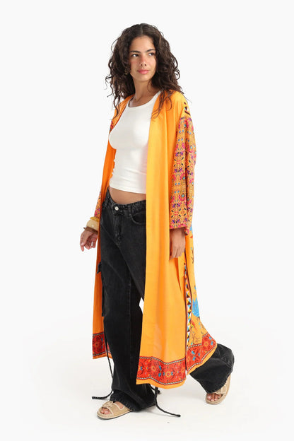 Viscose Printed Open-Front Kimono – Mustard