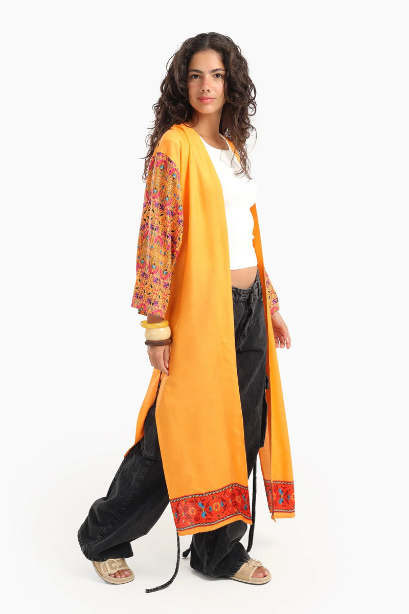 Viscose Printed Open-Front Kimono – Mustard