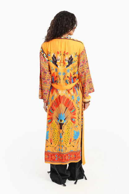 Viscose Printed Open-Front Kimono – Mustard