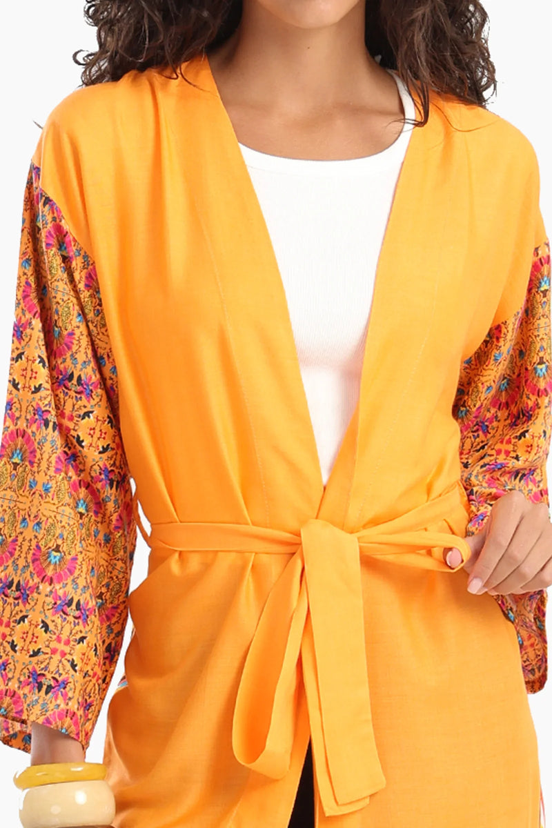 Viscose Printed Open-Front Kimono – Mustard