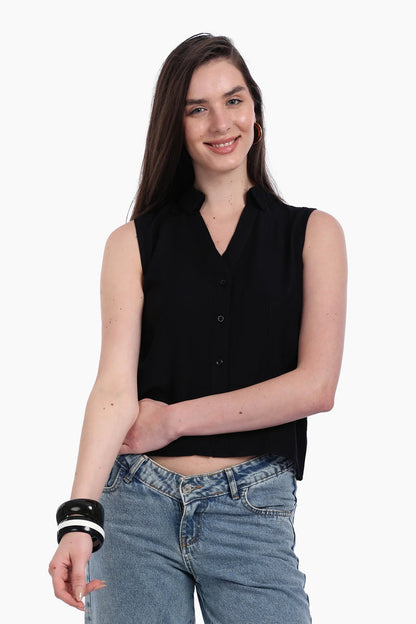 Voile Solid Collared Sleeveless Shirt – Black
