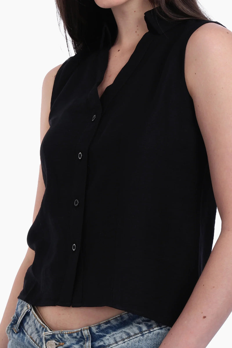 Voile Solid Collared Sleeveless Shirt – Black
