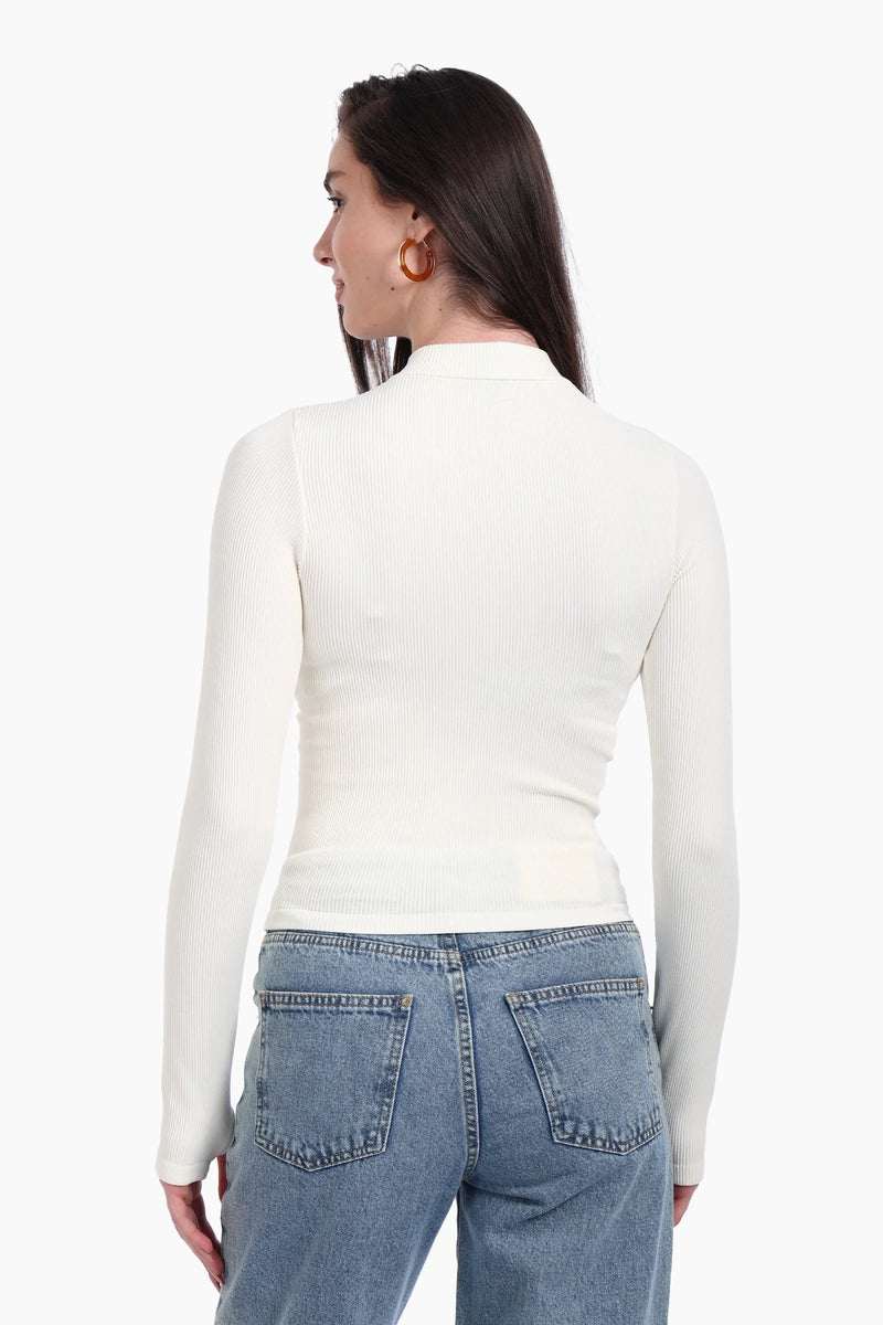 Microfiber Ribbed High Neck Top with Thumbhole – Off White