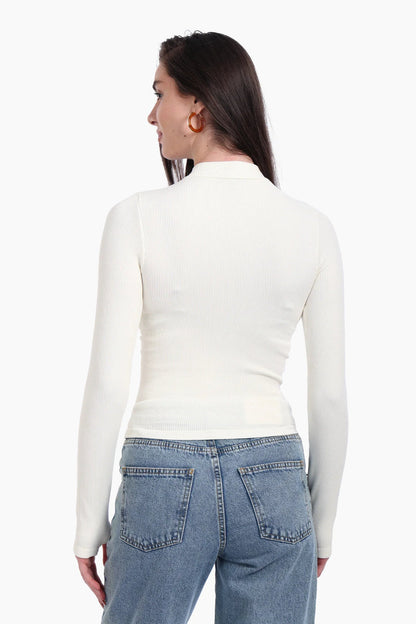 Microfiber Ribbed High Neck Top with Thumbhole – Off White