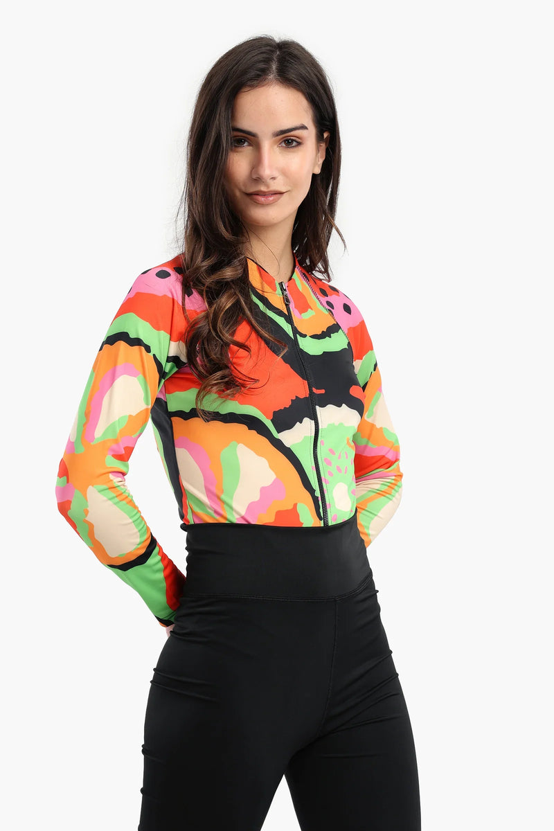 Polyester Fruity Print Rash Guard Swimsuit – Multicolor