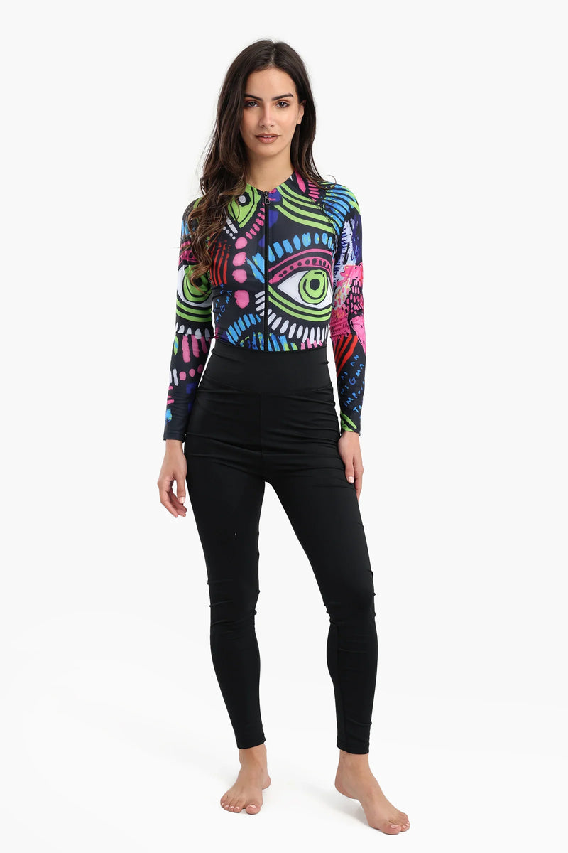 Polyester Abstract Print Rash Guard Swimsuit – Multicolor
