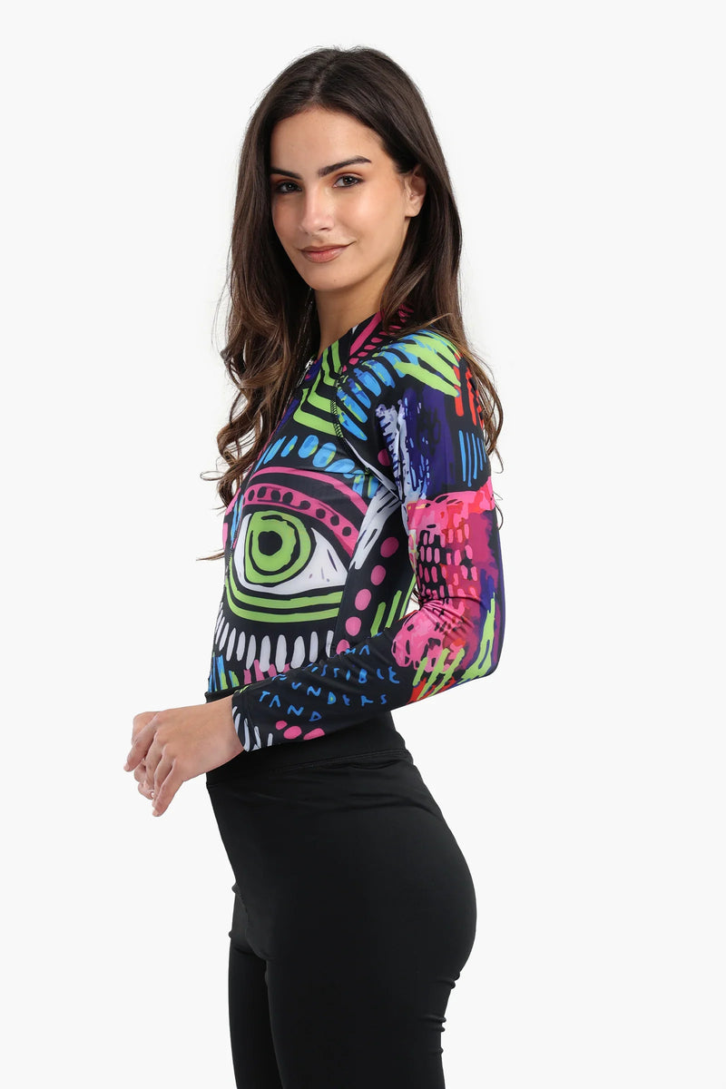 Polyester Abstract Print Rash Guard Swimsuit – Multicolor