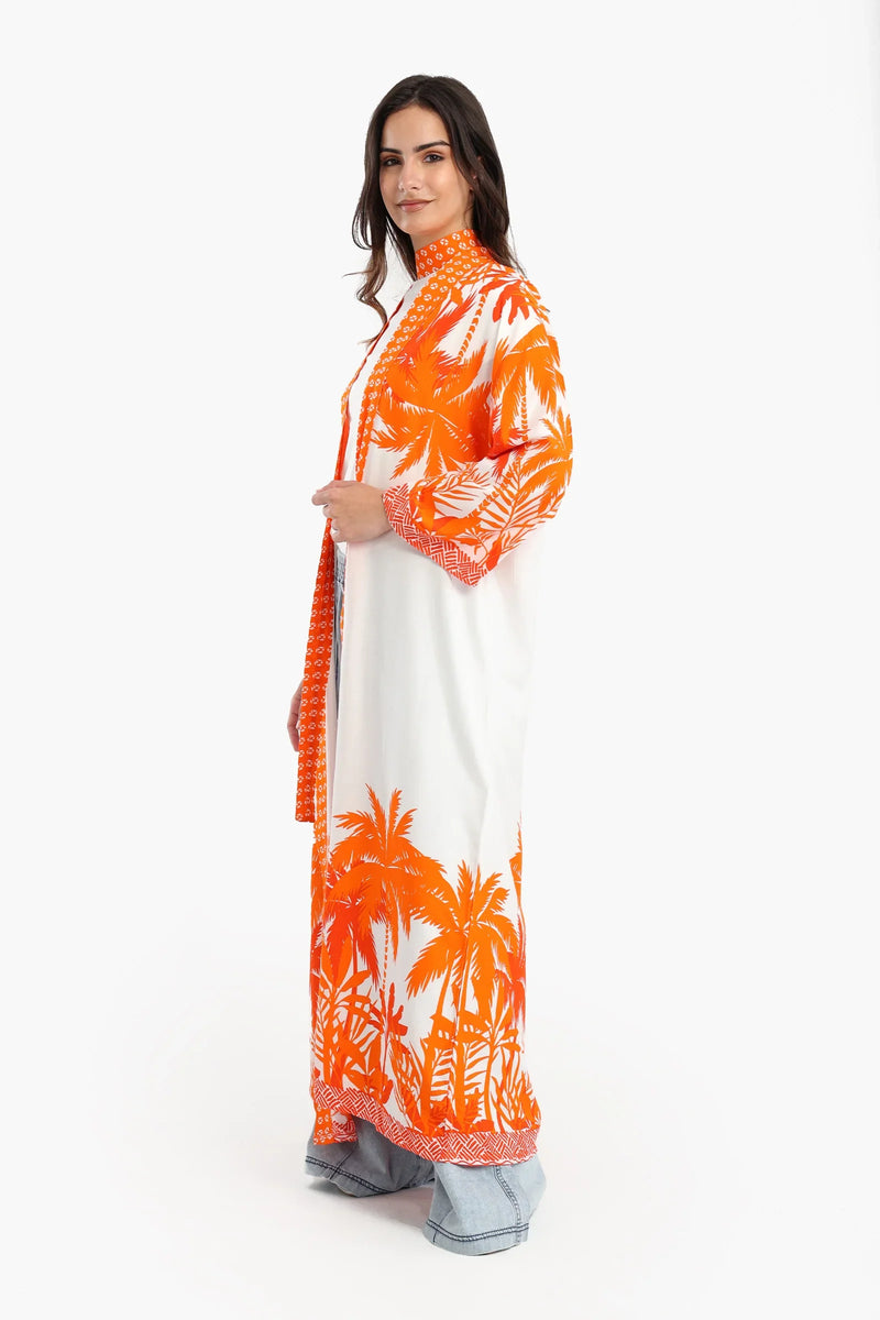 Cotton Palm Trees Printed Kimono – Orange & White