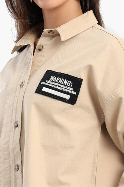 Polyester Blend Printed Long Sleeve Shirt – Beige