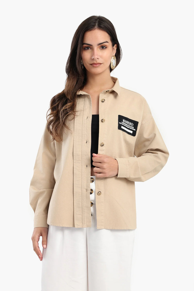 Polyester Blend Printed Long Sleeve Shirt – Beige