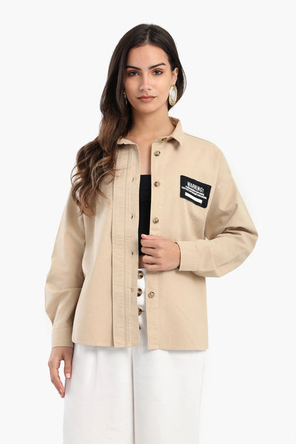 Polyester Blend Printed Long Sleeve Shirt – Beige