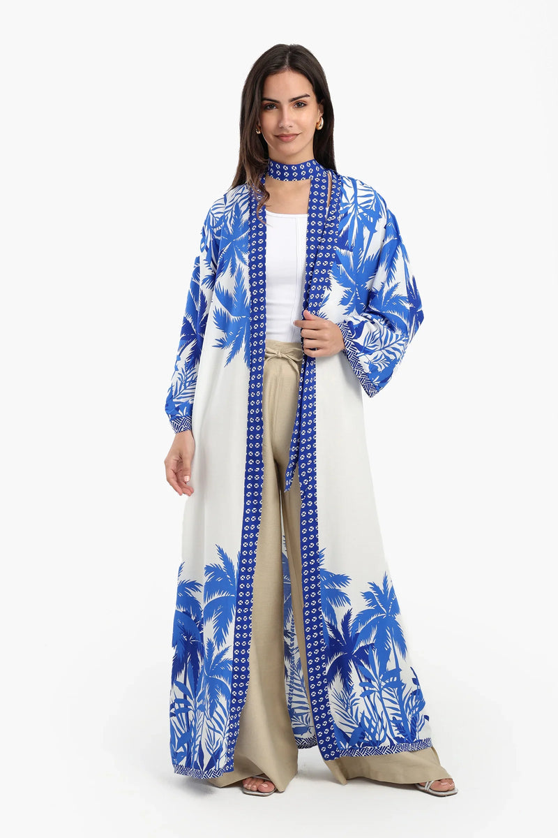 Cotton Palm Trees Printed Kimono – Blue & White