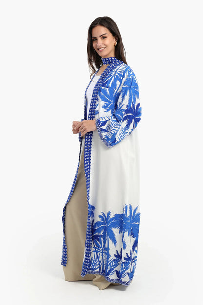 Cotton Palm Trees Printed Kimono – Blue & White