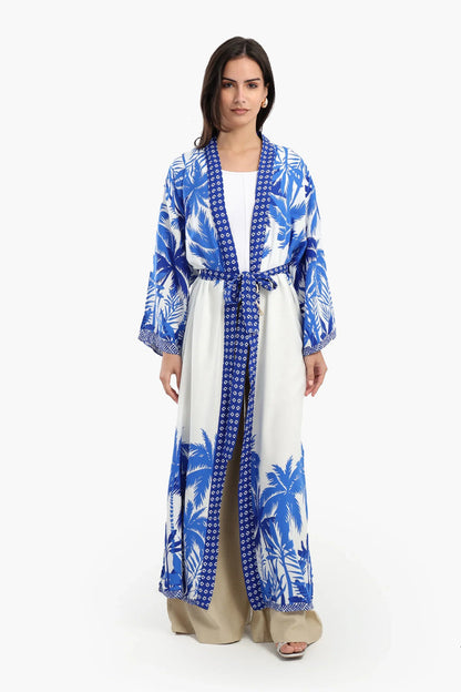 Cotton Palm Trees Printed Kimono – Blue & White