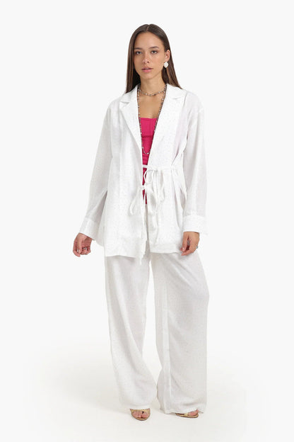 Polyester Studded Wide Leg Pants - Off White