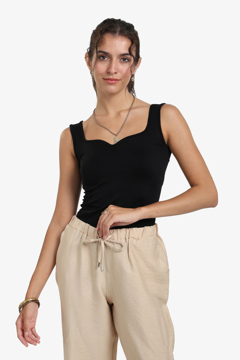 Polyamide Solid Sweetheart Neck Tank Top – Black