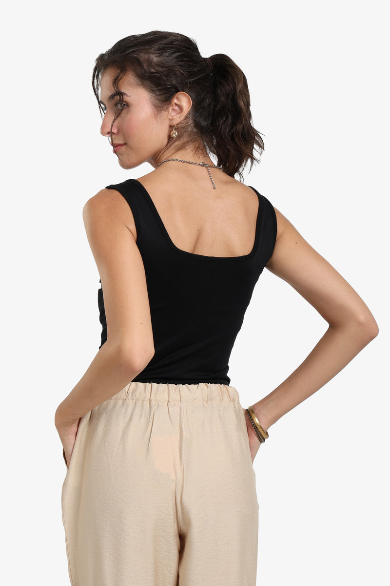 Polyamide Solid Sweetheart Neck Tank Top – Black