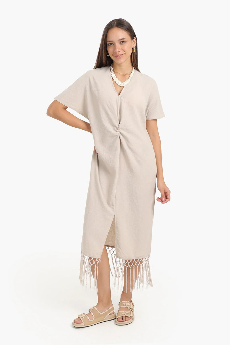 Tencel Solid Dress with Fringes Detail - Beige