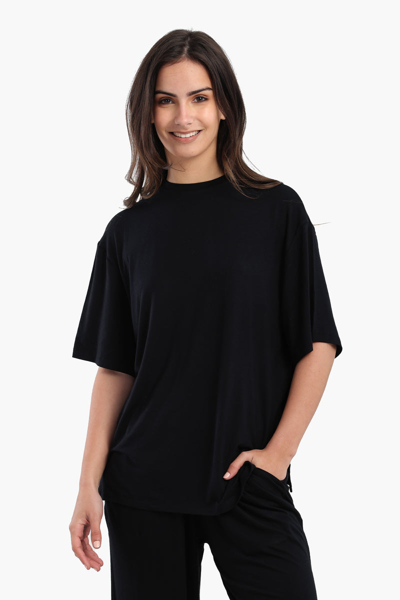 Viscose Blend Solid Lounge Oversized T-Shirt – Black