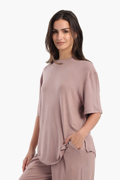 Viscose Blend Solid Oversized Lounge T-Shirt – Dusty Rose Brown