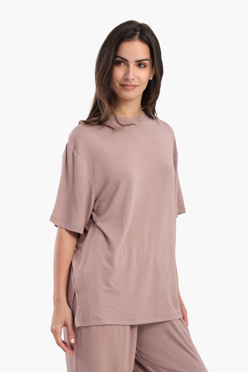 Viscose Blend Solid Oversized Lounge T-Shirt – Dusty Rose Brown