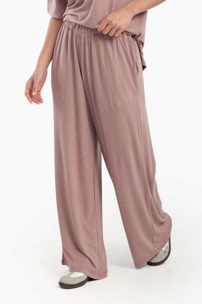 Viscose Blend Solid Wide-Leg Lounge Pants – Dusty Rose Brown