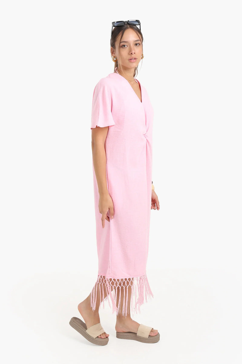 Tencel Solid Dress with Fringes Detail - Pink