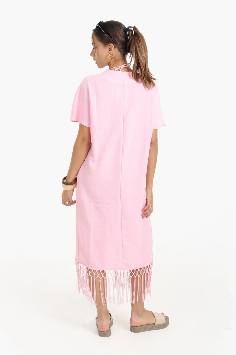 Tencel Solid Dress with Fringes Detail - Pink
