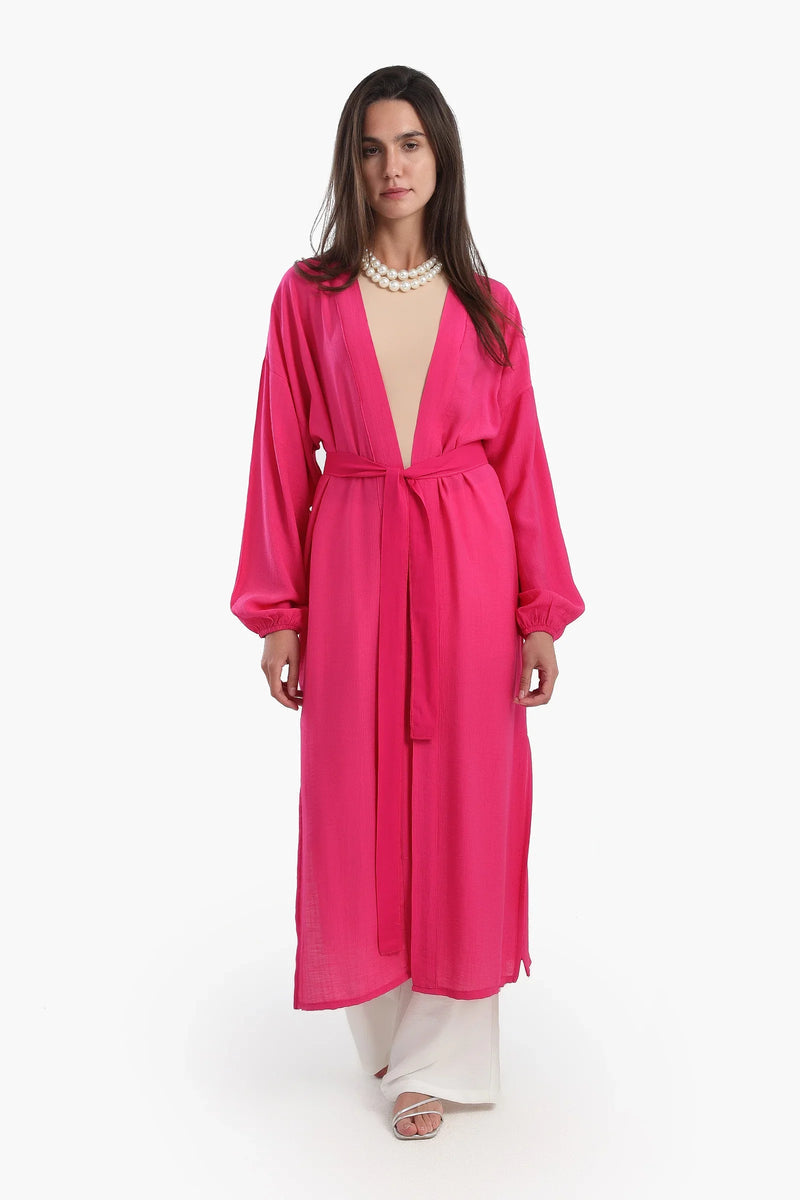 Viscose Solid Belted Open-Front Cardigan – Fuchsia