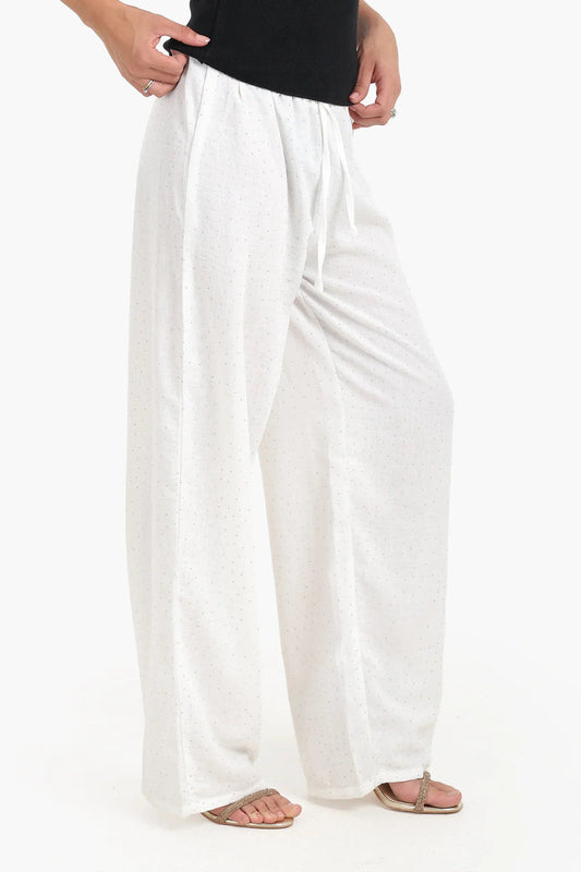 Polyester Studded Wide Leg Pants - Off White