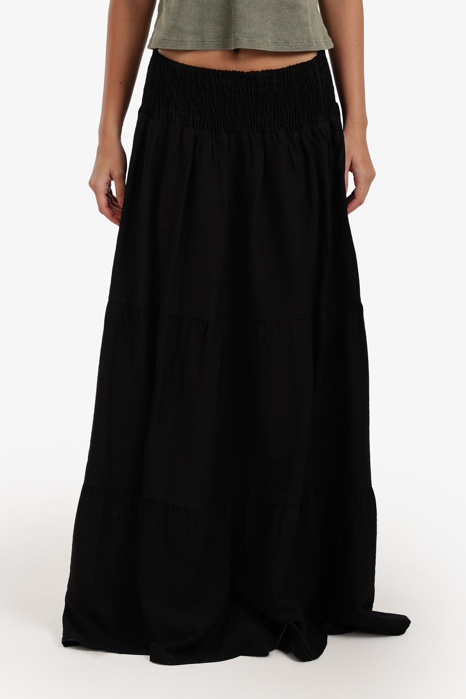 Tiered Elastic Waist Maxi Skirt – Black