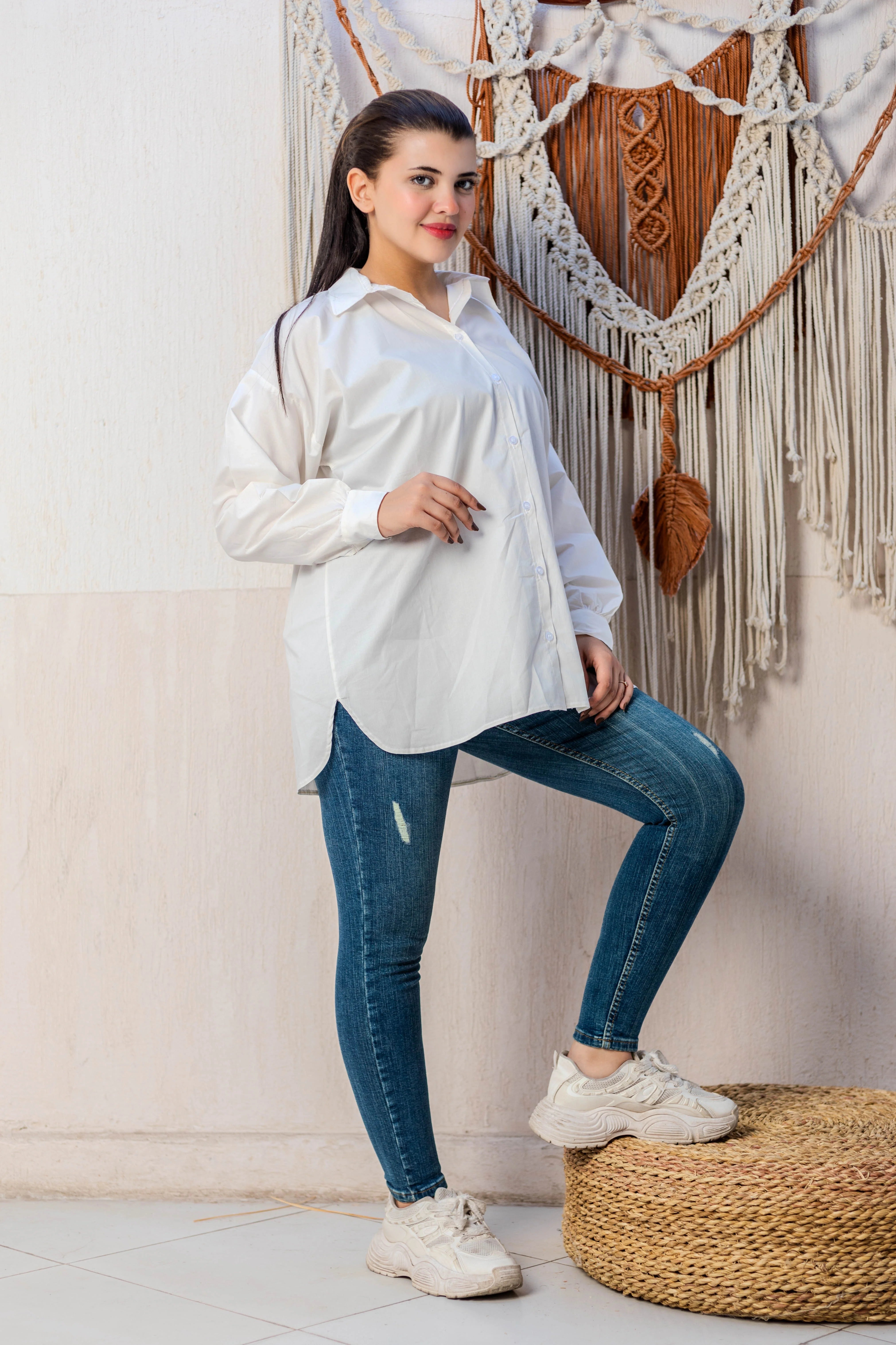 Cotton Long Puff Sleeve Shirt - White